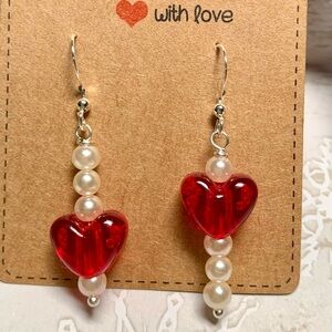 🎁FREE with $10 Purchase Red Hearts Handmade Valentines Silver Dangle Earrings